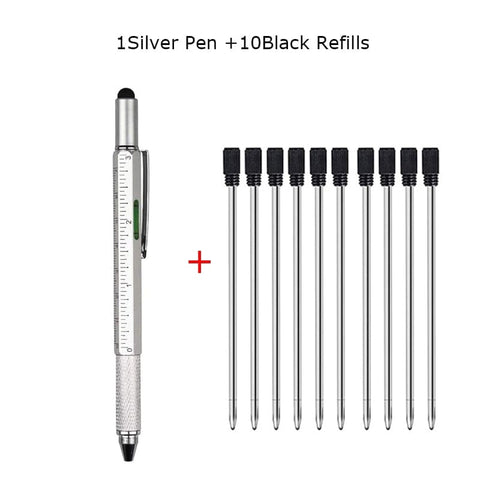 SearchFindOrder 1 Silver 10 BlackInk Multifunctional 6-in-1 Precision Pen Screwdriver Ruler Caliper Touchscreen Stylus Level and Ballpoint Pen