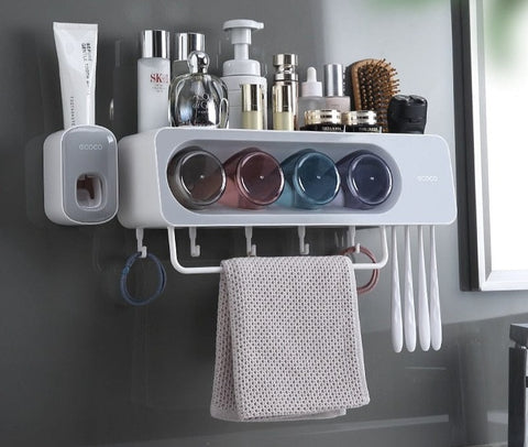 SearchFindOrder 4 Cup Grey Squeezer Eco Squeeze Wall-Mounted Toothpaste Dispenser Kit Innovative Bathroom Solution
