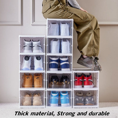 SearchFindOrder 6-Tier Stackable Sneaker Storage: Transparent, Dustproof, Foldable Shoe Boxes
