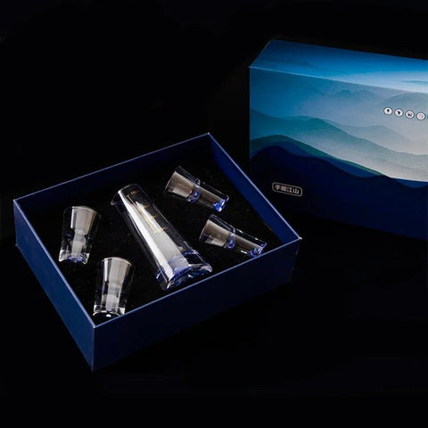 SearchFindOrder Blue Hill Cup Set / 100ml Zen Crystal Mountain Blue Set 1 Decanter, 4 Shot Glasses, and Bullet Vodka Glass