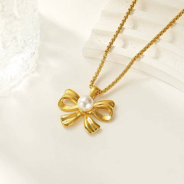 SearchFindOrder Gold Bow Pearl Necklace
