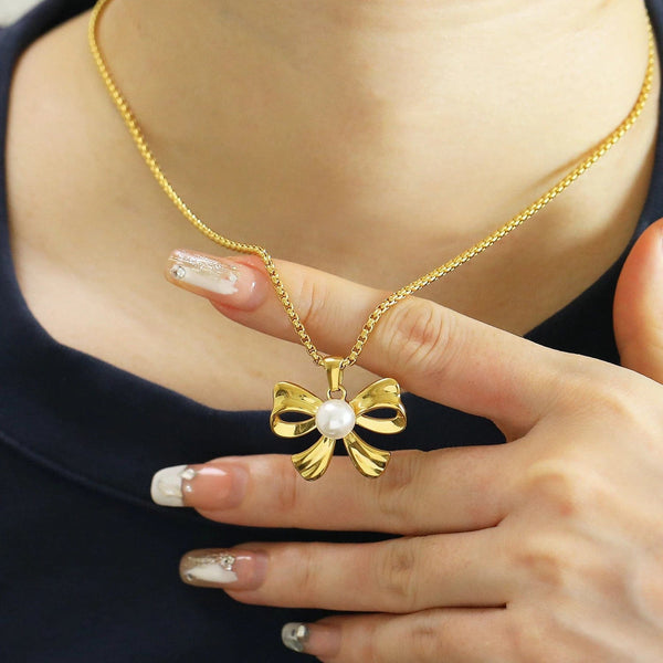 SearchFindOrder Gold Bow Pearl Necklace