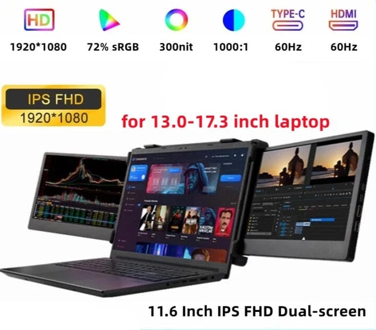 Portable Triple Laptop Monitor with Dual Extender Screens, Full View 1 ...