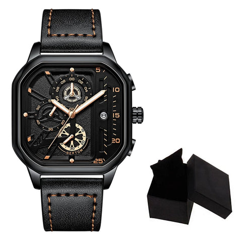 SearchFindOrder QT2473 with box Exquisite Luxury Men's Sports Quartz Watch, Waterproof, Leather Strap, Chronograph, Luminous, Square Skeleton Dial
