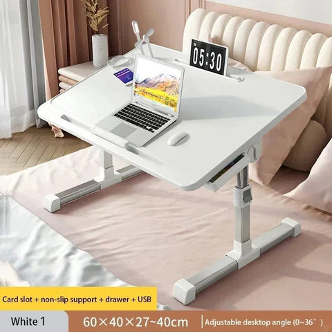 SearchFindOrder White 1 Laptop Desk with Adjustable Stand, Built-in Light, and Storage Drawer