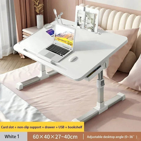 SearchFindOrder White 2 Laptop Desk with Adjustable Stand, Built-in Light, and Storage Drawer