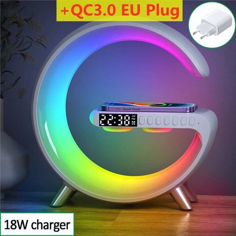 SearchFindOrder White with EU plug Wireless Charging Stand with Alarm Clock, Speaker, and LED Light for Mobile Devices