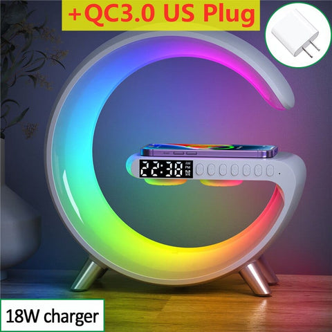 SearchFindOrder White with US plug Wireless Charging Stand with Alarm Clock, Speaker, and LED Light for Mobile Devices