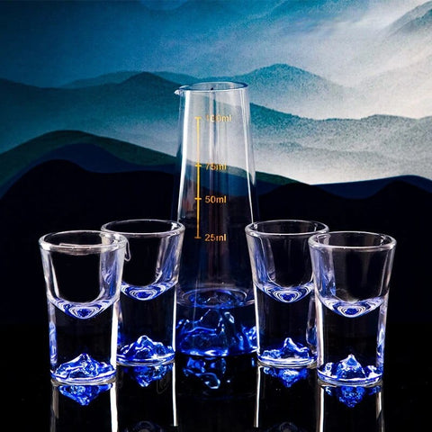 SearchFindOrder Zen Crystal Mountain Blue Set 1 Decanter, 4 Shot Glasses, and Bullet Vodka Glass