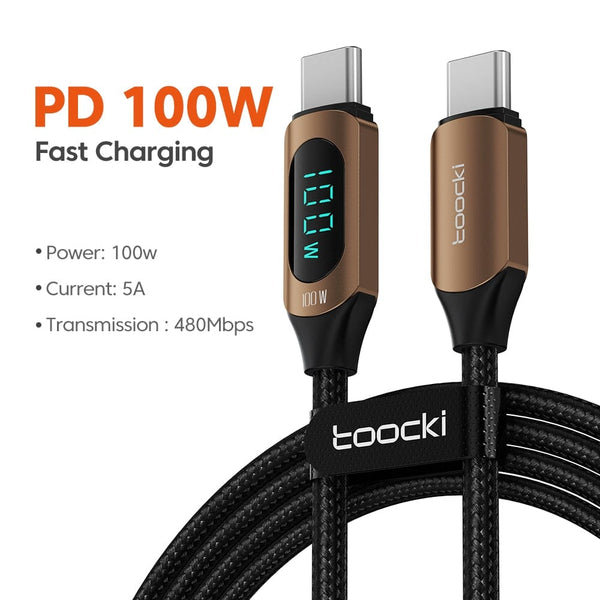 SearchFindOrder 100W C-C Brown / 1m Turbo Connect Led Display Fast Phone Charging USB Type-C to USB Type-C Cable