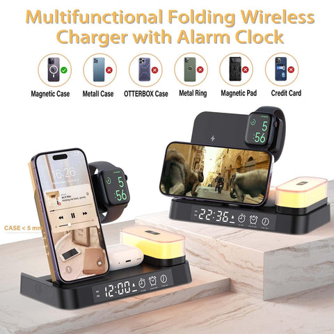 SearchFindOrder 5-in-1 Folding Magnetic Wireless Charging Hub with Alarm Clock & Night Light for iPhone