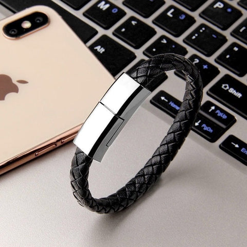 SearchFindOrder Black / 20cm For iPhone USB Charging Leather Bracelet