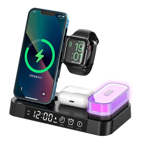 SearchFindOrder Black 5-in-1 Folding Magnetic Wireless Charging Hub with Alarm Clock & Night Light for iPhone