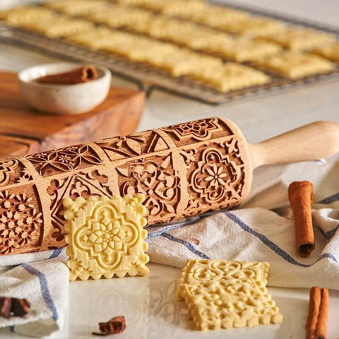SearchFindOrder christmas Wooden Embossing Cookie Rolling Pin
