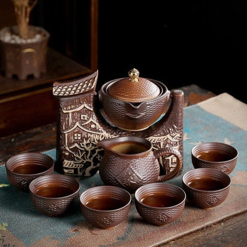 SearchFindOrder Dark Khaki Unique Ancient Chinese Porcelain Teapot Set (Eight Piece Set)