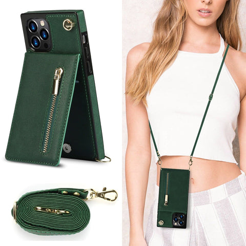 SearchFindOrder iPhone X or XS / Green Classic Leather Wallet Phone Case with Lanyard
