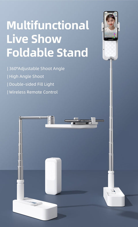 Extendable Selfie Stand 360° Rotation with Phone Holder, Rechargeable Wireless Foldable 7 Brightness LED Light for Live Streaming