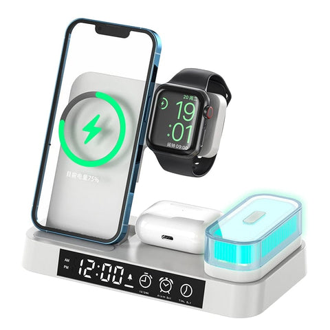 SearchFindOrder White 5-in-1 Folding Magnetic Wireless Charging Hub with Alarm Clock & Night Light for iPhone