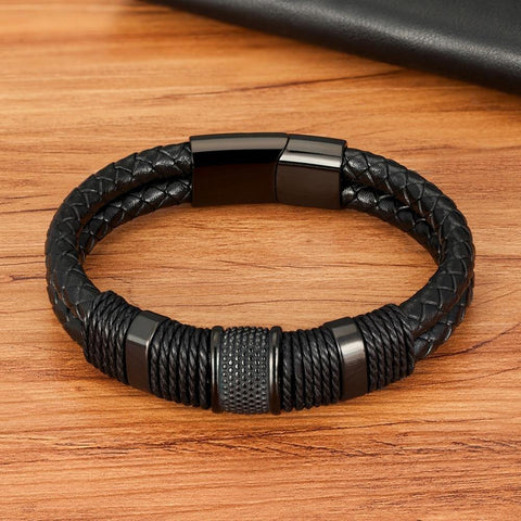 SearchFindOrder Woven Leather Stainless Steel Bracelet